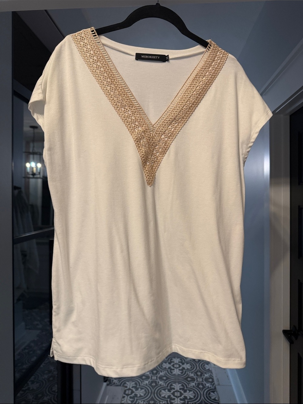 Miskoffely Cream V-Neck Blouse with Beige Lace Trim